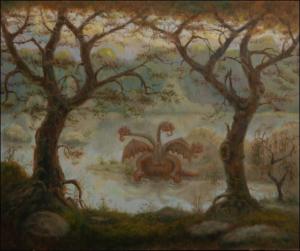 Drak na behu jezera, 2008, olej na lepence (50x60)