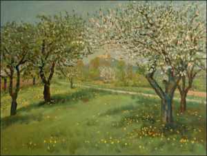S kvetoucmi jablonmi na kopci nad Poply, 2006, olej na lepnce (60x80)