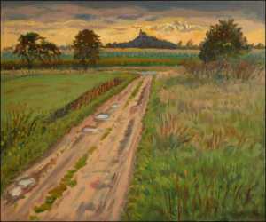 Se sluncem pod mraky za Sezemicemi, 2006, olej na lepence (50x60)