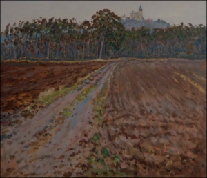 Tradin pohled s cestou a velkou borovic, 2009, olej na lepence (60x70)
