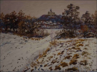 Zimn s potokem, vrbou a olemi pes suchou trvu od Kuntic, 2011, olej na lepence (60x80)