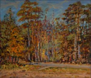 Borov les za Rokytnem u silnice do Bt, 2019, olej na lepence (60x70)
