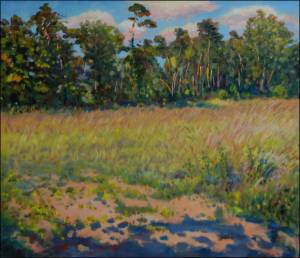 Borov les za Sezemicemi smrem na Holice, 2009, olej na lepence (60x70)
