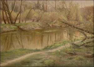Chrudimka  River below Hospital in Pardubice - april, 1993, oil on canvas panel (50x70)