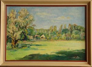 The Houses of Drozdice Village below Nemoice Bank, 1990, oil on canvas panel (35x50)
