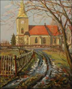 Kostelk v Kunticch, 2005, olej na lepence (45x55)