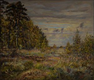 Kraj lesa s borovic na vesoviti za Oponkem, 2012, olej na lepence (60x70)