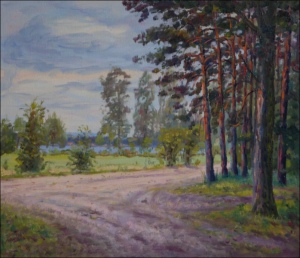 Na kraji lesn cesty u psnku v Mlicch, 2010, olej na lepence (60x70)
