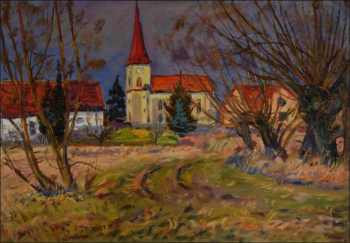 Star vrby a kostel v Kunticch, 2018, olej na lepence (70x100)