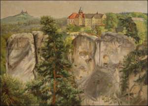 Ruins of Trosky and Hrub Skla Castle off Marian Look-out, 1995, oil on canvas panel (50x70)