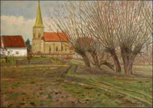 Vrby a kostelk v Kunticch, 2005, olej na lepence (50x70)