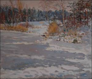 Zima na psnku u Mlic, 2009, olej na lepence (60x70)