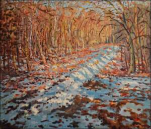Zimn cesta lesem u ern za Bory, 2009, olej na lepence (60x70)