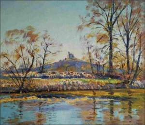 The Spring Kuntick hora Castle over The Labe River in Lukovna, 2017, oil on canvas panel (60x70)