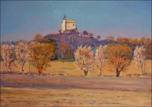 The Spring Kuntick hora Castle from a Field off Sezemice, 2017, oil on canvas panel (50x70)