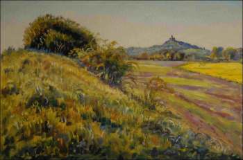 Spring View of The Kuntick hora Castle with A Wild Rose Bush and A Rapeseed Field off Sezemice, 2011, oil on canvas panel (50,8 x 76,2)