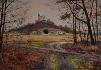 The Kuntick hora Castle from the crossroads at the edge of the wood near Kladivo settlement, 2015, oil on cardboard (70x100)