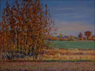 The Kuntick hora Castle over Autumnal Aspens near A Billabong in Star Hradit, 2015, oil on canvas panel (60x80)