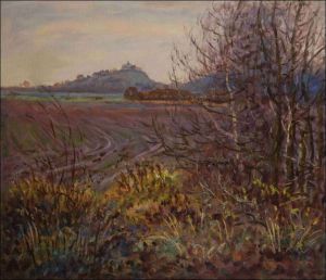 Kuntick Hora Castle over Autumn Fields off Hrobice, 2010, oil on canvas panel (60x70) 