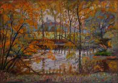 The Kuntick hora Castle over Autumnal Trees along The Labe River near Nmice, 2015, oil on canvas panel (70x100)