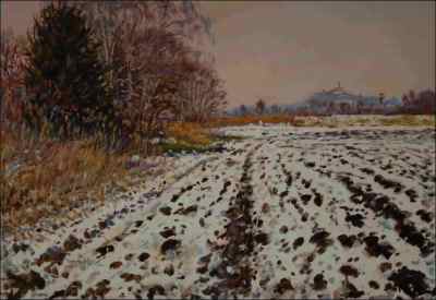 The Kuntick hora Castle ower a snow-covered plowed field off Poapelsk chalupy, 2018, oil on canvas panel (70x100)