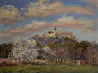 The Kuntick hora Castle with A Blackthorn in Blossom nex to A Road from Kuntice to Rby, 2014, oil on canvas panel (60x80)