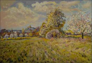 The Kuntick hora Castle with Fruit Trees in Blossom off The Hill beyond Sezemice, 2014, oil on canvas panel (70x100)