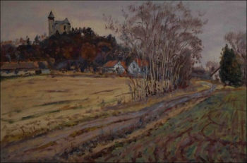 Kuntick hora Castle with a Road and Aspens from The Settlement Round The Castle off Kuntice, 2011, oil on canvas panel (51x76) 