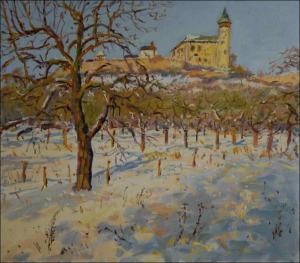 Kuntick hora Castle with Cherry Orchard on A Sunny Winter Day, 2010, oil on canvas panel (70x80) 