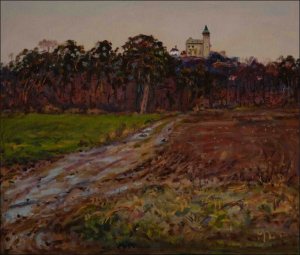 The Kuntick hora Castle with A Big Pine and A Field Path to An Airport, 2014, oil on canvas panel (60x70)