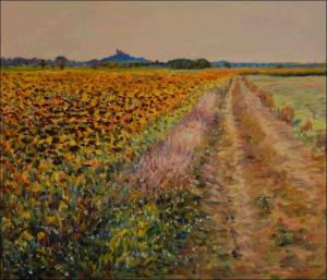 The Kuntick hora Castle with a sunflower field and a field road off Chote, 2017, oil on canvas panel (60x70)