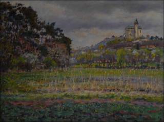 View of The Kuntick hora Castle off A Creek beyond A Pine Grove between Kuntice And Rby, 2011, oil on canvas panel (60x80)