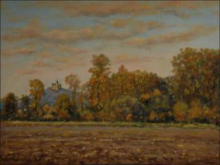 View of The Kuntick hora Castle over Loun near Poply in Autumn Colours, 2010, oil on canvas panel (60x80) 