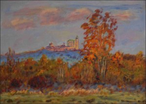 The Kuntick hora Castle from fields behind Cihelna in Autumn, 2017, oil on canvas panel (50x70)