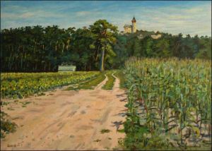 With A Pine Tree, An Apiary And Maize off Airfield, 2005, oil on canvas panel (50x70)