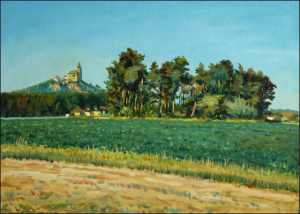 With A Pinewood And A Green Field near Rby, 2006, oil on canvas panel (50x70) 