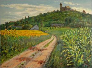 With A Maize And Sunflower Field off Kladivo Colony, 2005, oil on canvas panel (45x60)