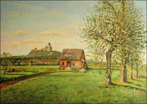 With Blossoming Pear Trees And An Old Shed off Kuntice, 2006, oil on canvas panel (70x100)