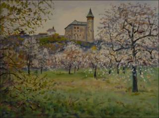 With A Cherry Orchard in Blossom from The Place below Castle, 2011, oil on canvas panel (60x80)