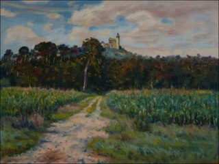 With The Big Pine-tree and A Road between Corn Fields, 2010, oil on canvas panel (60x80)