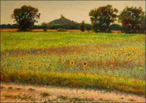 With Sunflowers in Contrejour Lighting off Labe River beyond Kuntice, 2006, oil on canvas panel (70x100)