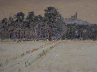 On A Frosty Winter Day with A Big Pine Tree off Kuntice, 2010, oil on canvas panel (60x80)