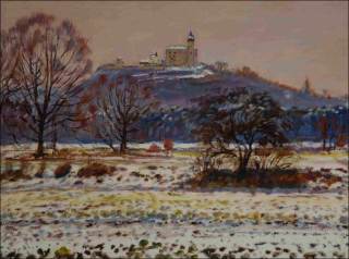 The Kuntick hora Castle from the field airport near Kuntice in Winter, 2018, oil on canvas panel (60x80)