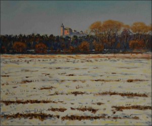 Winter Kuntick hora Castle from the road between Lukovna and Drakov, 2017, oil on canvas panel (50x80)