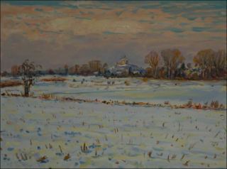 The Kuntick hora Castle from a field in front of Sezemice in Winter, 2017, oil on cardboard (60x80)