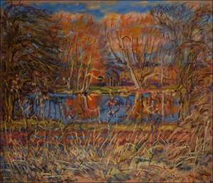 March evening at the blind arm of the Elbe in Zkout near Rosice, 2020, oil on canvas panel (60x70)