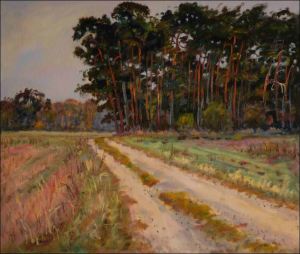 A Road with A Pine Forest near Hrdek, 2014, oil on canvas panel (60x70)