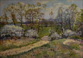 A Road with Blackthorns in Blossom near ern za Bory, 2013, oil on canvas panel (70x100)