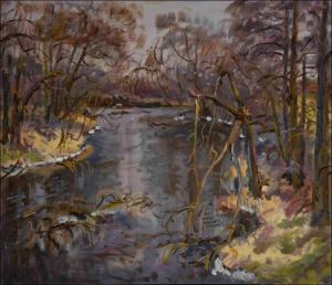 Chrudimka with Broken Trees from The Bridge beyond in, 2014, oil on canvas panel (60x70)