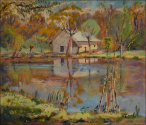 A Little House by the pond in Drozdice, 2019, oil on canvas panel (60x70)